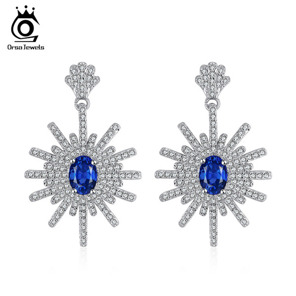 ORSA JEWELS Stud Earrings For Women Silver Colors Dangle Earrings Luxury Blue Cubic Zirconia Sun Shape Unique Fashion Female Jewelry OE185