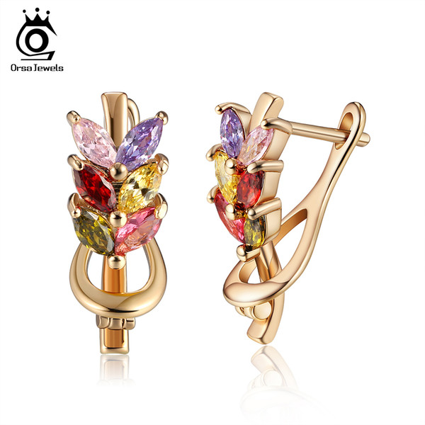 ORSA JEWELS Fashion Stud Earrings For Women Multicolor AAA Cubic Zircon Gold-color Luxury Earring Female Jewelry Gift OME59