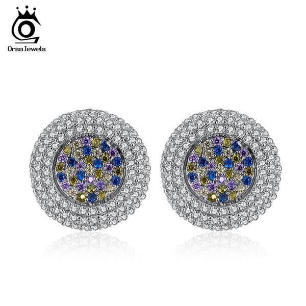 ORSA JEWELS Stud Earrings For Women Eleant Ladies Round Shape Luxury Cubic Zircon Stud Earrings Unique Fashion Female Party Jewelry OE188