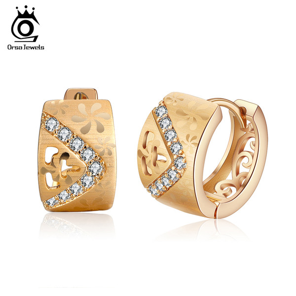 ORSA JEWELS Gold-color Hoop Earrings Paved Setting AAA Cubic Zircon Unique Hollow Pattern Earring Fashion Women Jewelry OME63