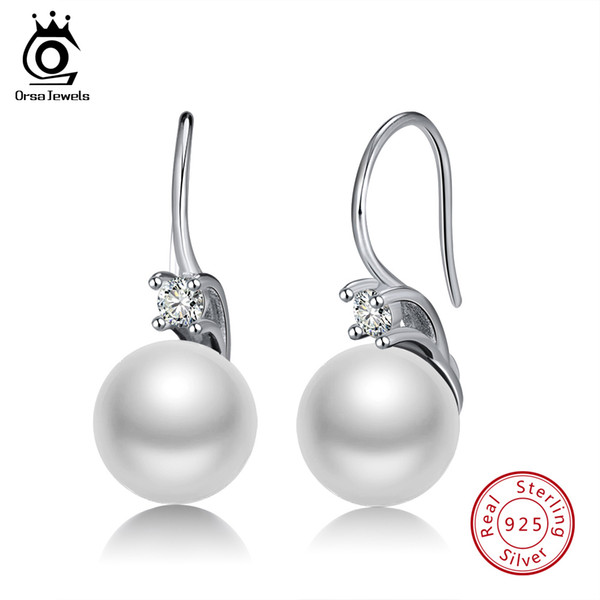 ORSA JEWELS 100% 925 Sterling Silver Women Dangle Earrings Prong Setting AAA Zircon Fashion Simulated-pearl Earring Jewelry SE85