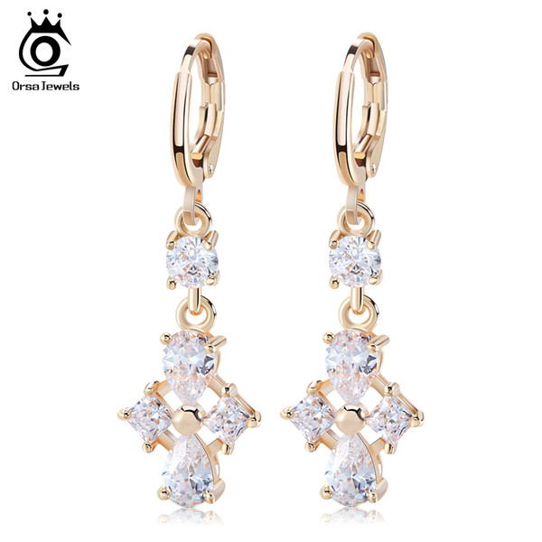 ORSA JEWELS Romantic Bridal Long Drop Earrings with Crystals for Women Luxury Chandelier Wedding Jewelry Hot Selling OME38