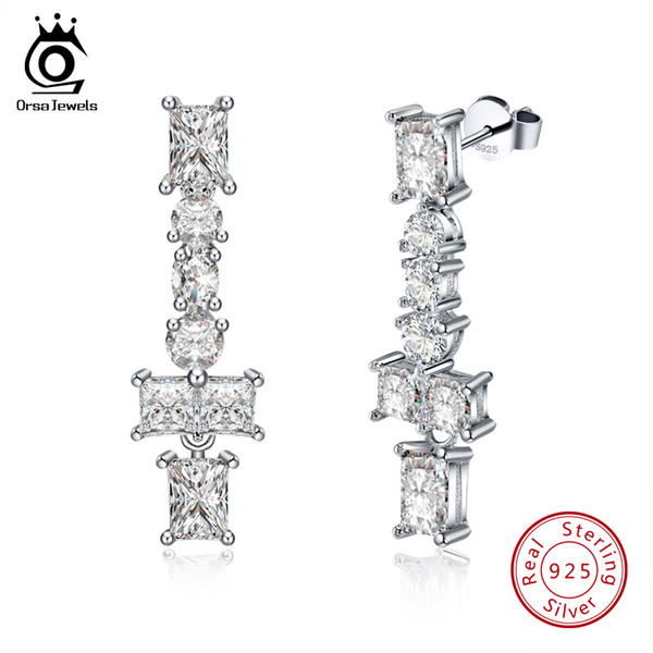 ORSA JEWELS Women Earrings 925 Silver Drop Long AAA Shiny Cubic Zircon Fine Jewelry For Female Wedding Party Gift SE55