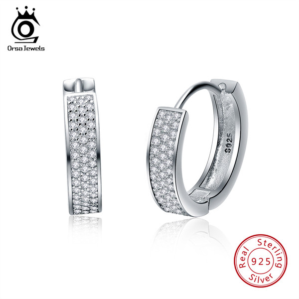 ORSA JEWELS Real 925 Sterling Silver Women Hoop Earrings Small Circle AAA Shiny CZ Female Wedding Engagement Jewelry SE60