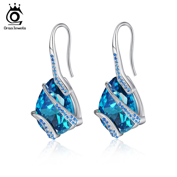 ORSA JEWELS Women Earrings Stud 100% Allergy Free Earring With Blue Shiny Cubic Zircon Stone Trendy Female Jewelry OE169