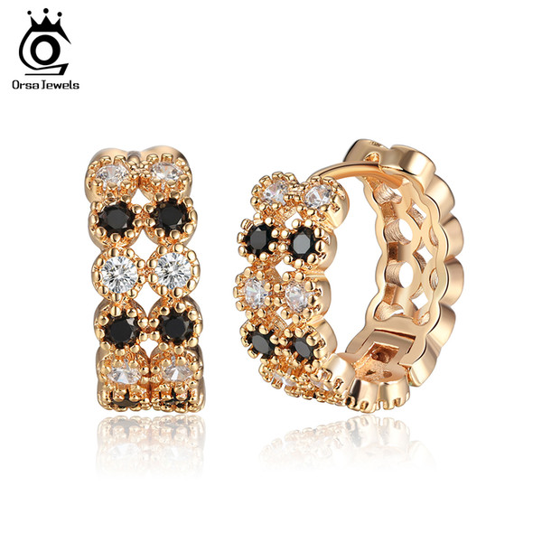 ORSA JEWELS Women Hoop Earrings Unique Design Prong Setting AAA Cubic Zircon Silver&Gold-color Luxury Earring Jewelry OME42