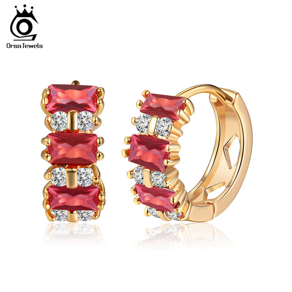 ORSA JEWELS Luxury Women Hoop Earrings AAA Red Cubic Zircon Perfect Polished Gold-color Fashion Earring Jewelry For Female OME41