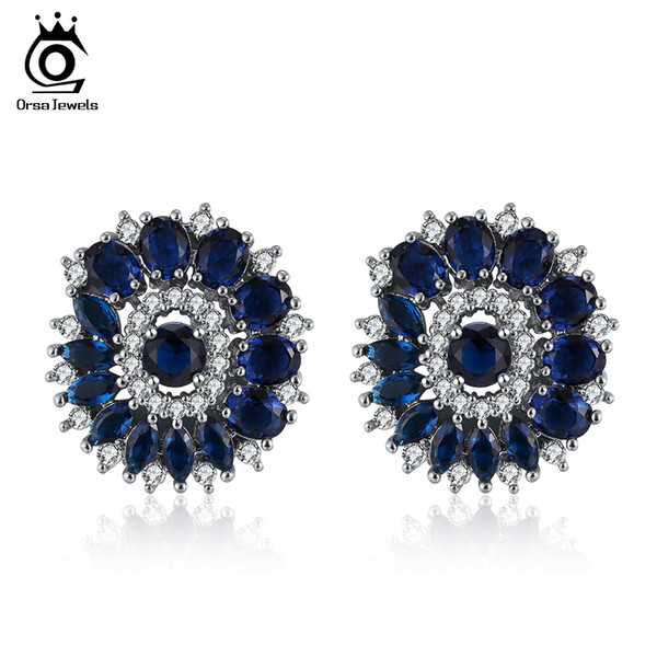 ORSA JEWELS Women earring stud Luxury Female Blue Cubic Zirconia Fashion earring stud For Women 2018 Top Quality Fashion Jewelry OE182