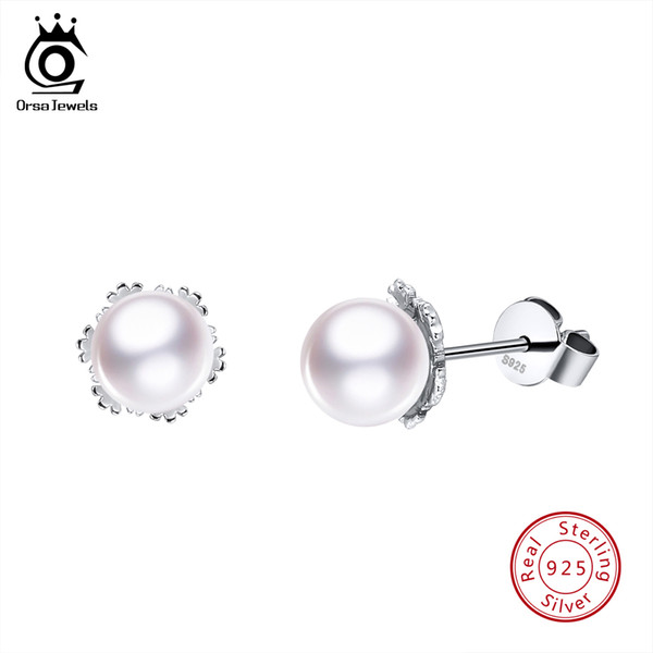 ORSA JEWELS 100% Real 925 Women Stud Earrings With Imitation Pearls Jewelry For Female Wedding Gift SE65