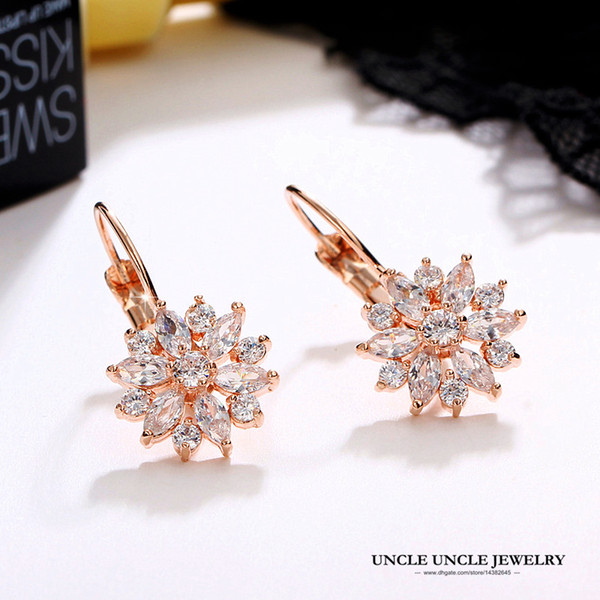 On Sale Rose Gold Color Clear Cubic Zirconia Setting Brilliant Crystal Flower Design Fashion Woman Earring Fashion Christmas Gifts