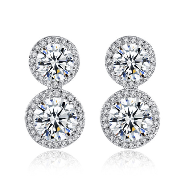 White Gold Color 2 pcs Clear Round Cubic Zirconia Micro Setting Fashion Woman Drop Earring Wholesale Perfect Gift