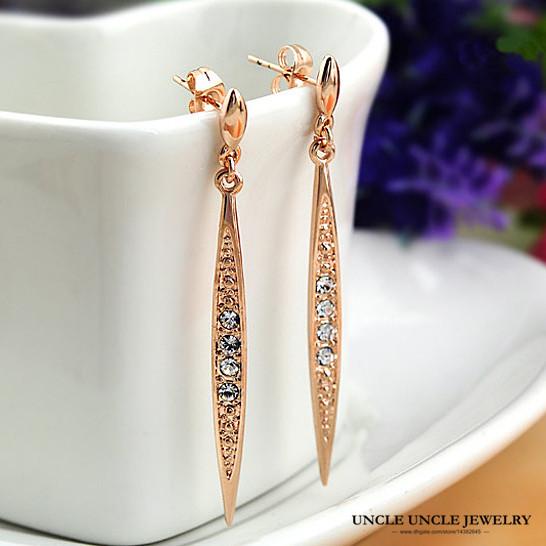 Rose Gold Color Austrian Rhinestone Willow Leaf Design Long Tassel Lady Drop Earrings