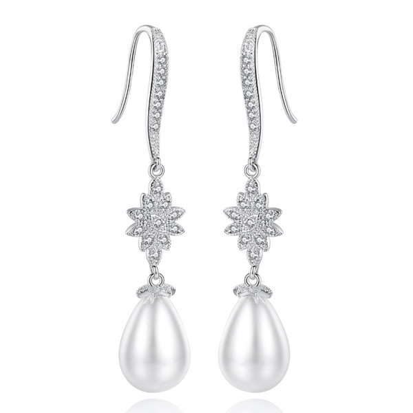 New Arrival Elegant White Gold Color Water Drop White Simulated Pearl Rhinestone Tassel Woman Hook Earring Wholesale Gifts