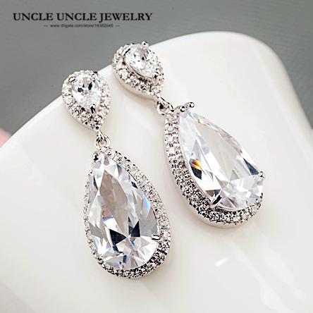 Elegant Teardrop Shape Earring White Gold Color Clear Zirconia Fully Micro Set Woman Drop Earrings Wholesale Bridal Jewelry