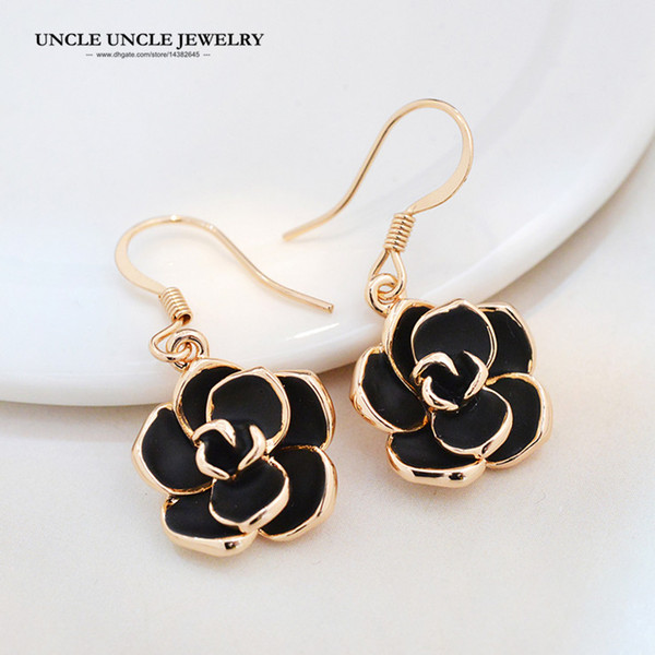 Rose Gold Color Fashion Design Classic Black Rose Style Woman Drop Earrings Wholesale