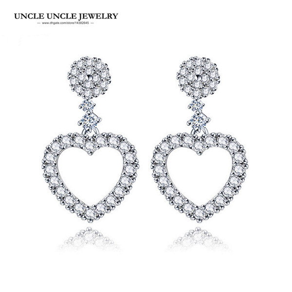 Simple Heart Earring White Gold Color Heart-shape Hollow out Design Rhinestones Woman Drop Earrings Wholesale Gift