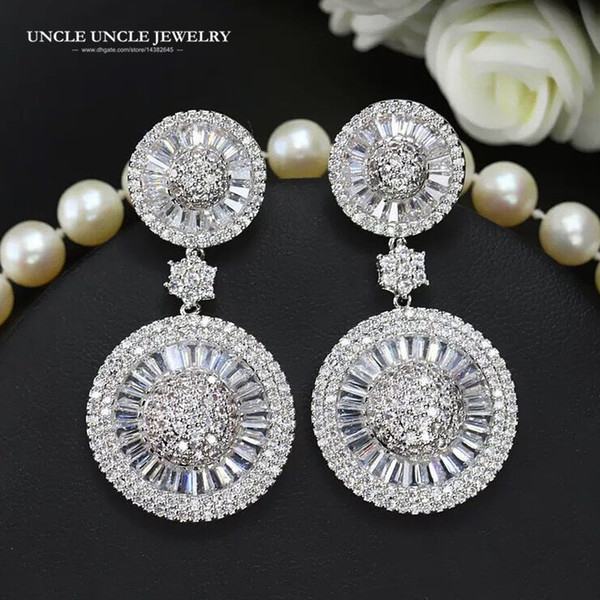 White Gold Color Round Sparkly Clear Cubic Zirconia Fully Inlay Woman Drop Earring Wholesale Bridal Earrings