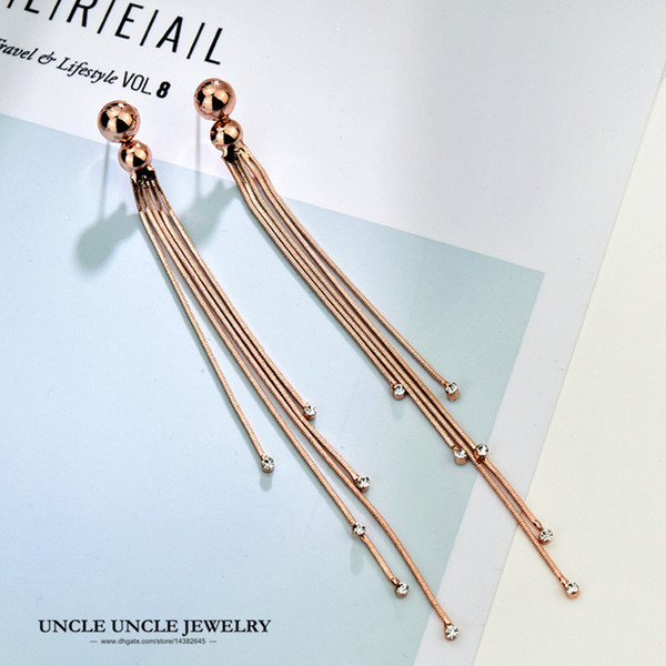 Classic Long Style Tassels Woman Earring Rose Gold Color Rhinestones Setting Tassel 12cm Lady Drop Earrings Wholesale