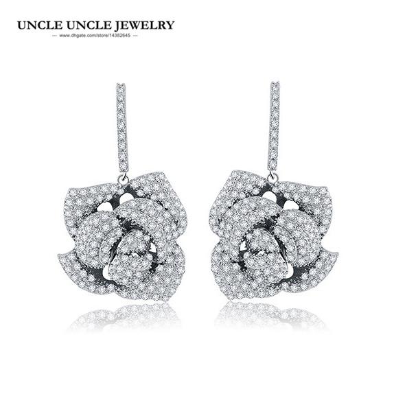 White Gold Color Fashion Flower Style Clear Zirconia Fully Setting Luxury Woman Drop Earring Wholesale High Quality