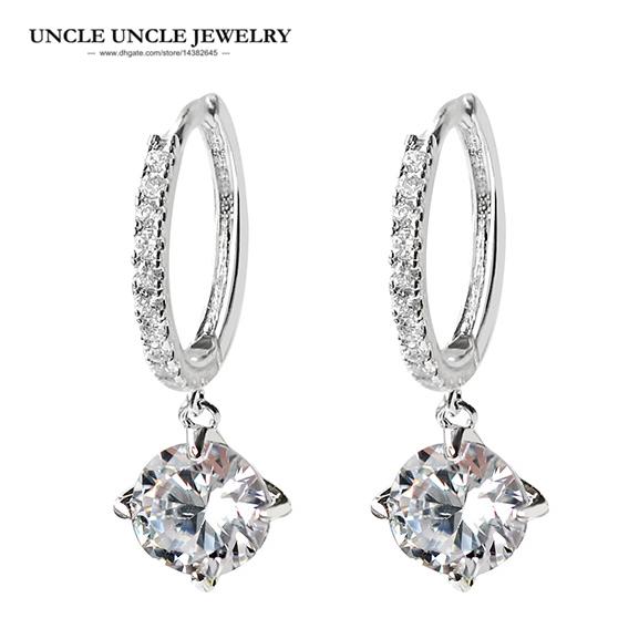 Elegant White Gold Color Clear Round Cubic Zirconia Prong Set Loop Fashion Woman Drop Earring Wholesale Perfect Gift