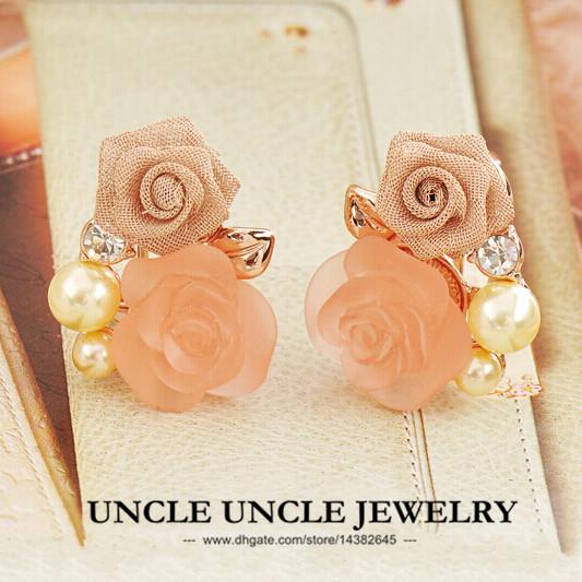 Rose Gold Color Austrian Rhinestone Simulated Pearl Rose Nets Flower Elements Lady Earring Wholesale