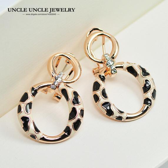 Rose Gold Color Rhinestone Inlaid Classic Leopard Grain Spotted Design Round Lady Earring Wholesale