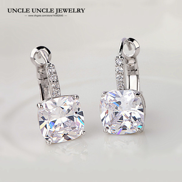 Classic Style White Gold Color Clear Cubic Zirconia Square 11mm 4ct Fashion Woman Earrings Wholesale Gift