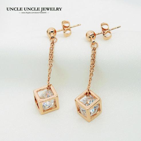 Love Magic Cube Rose Gold Color Small Clear Zirconia Inside Square Hollow out Long Tassel Woman Drop Earring Wholesale