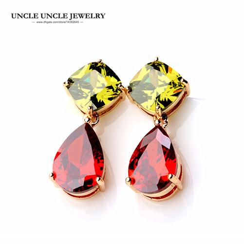 Rose Gold Color Mona Lisa Olive-green and Red Color Zirconia Woman Drop Earring Wholesale Gift