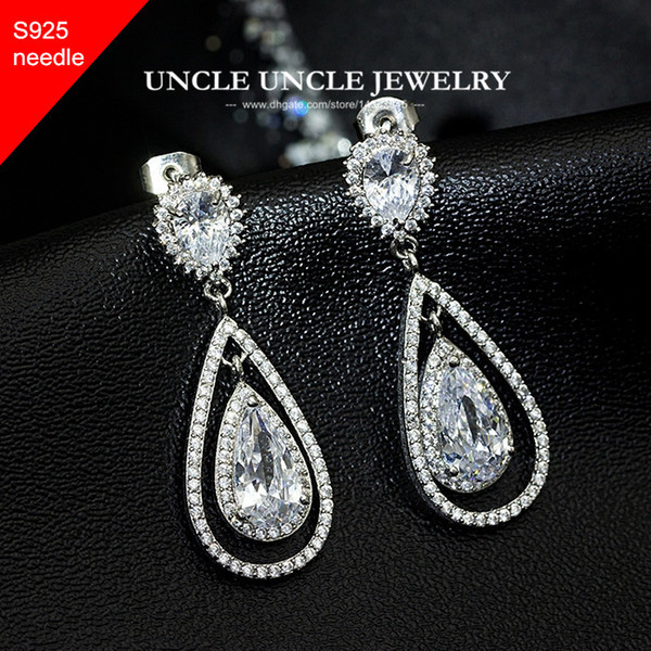 Luxury Woman Water Drop Style Earring White Gold Plated 925 Needle Zirconia Lady Drop Earrings Wholesale Allergy Free