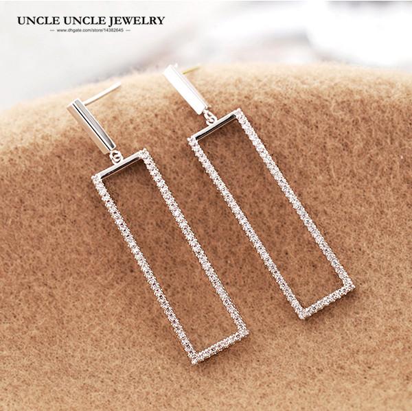 White Gold Plated S925 Needle Long Style Zirconia Fully Micro Set Rectangle Woman Drop Earring Wholesale