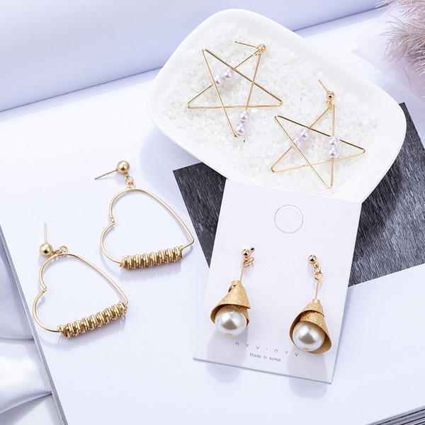 Creative Spiral Imitation Pearl Drop Earrings Geometric Pentagram Heart Dangles Women Fashion Alloy Earrings Jewelry Accessories Wholesale