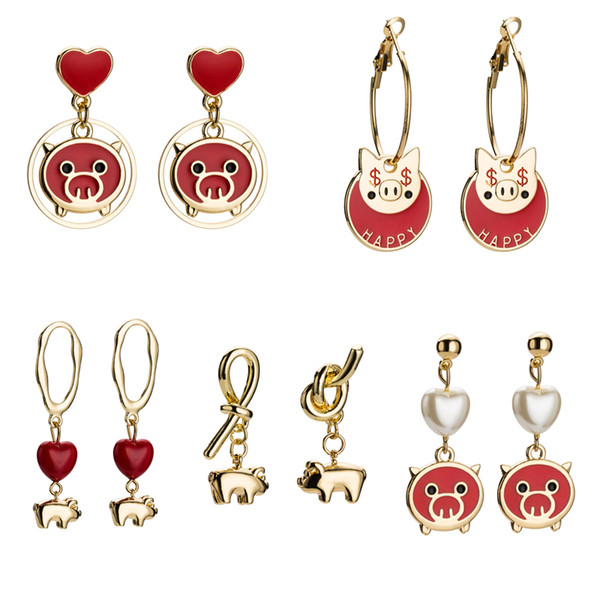 Red Enamel Cute Piggy Drop Earrings For Women Resin Imitation Pearl Heart Earrings Fashion Gold Plated Dangles Jewelry Accessories Wholesale