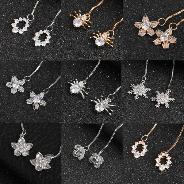 Exquisite Zircon Drop Earrings Simple Long Copper Line Earrings Women Geometric Star Spider Snowflake Lotus Dangle Fashion Jewelry Wholesale