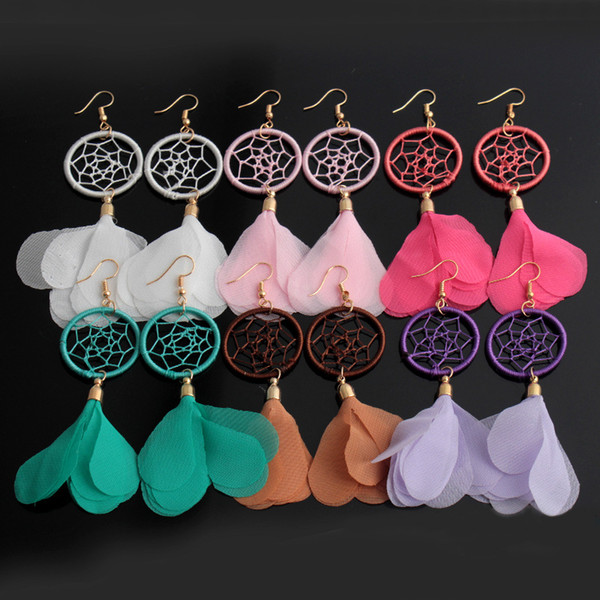 Ethnic Handmade Dream Catcher Drop Earrings Long Color Chiffon Cloth Tassel Earrings For Women Holiday Dangles Jewelry Accessories Wholesale