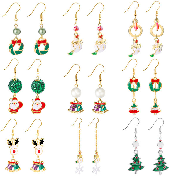 Color Drop-of-oil Christmas Tree Earrings Girls Cute Snowman Snowflake Long Earrings Simple Gold Plated Alloy Dangles Accessories Wholesale