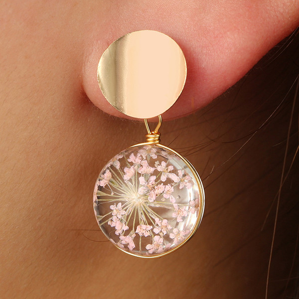 Glass Ball Gypsophila Dry Petals Drop Earrings Cute Round Alloy Sequin Earrings For Girls Gold Plated Dangle Jewelry Accessories Wholesale