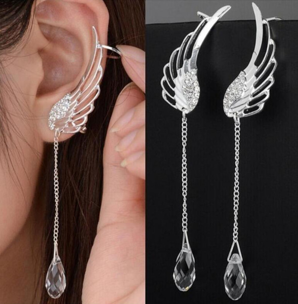 10Pair Vintage Silver Angel Wings Dangle Earrings Tassel Crystal Clavicle Clip Ear Clip Stud Earrings For Women Jewelry Fashion Wedding Gift