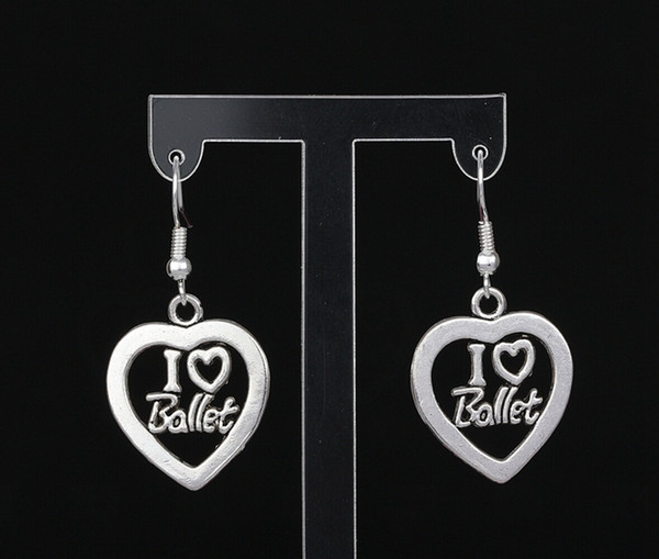 I Love Ballet Heart Charms Drop/Dangle Earrings 925 Silver Fish Ear Hook 50pairs Tibetan Silver Chandelier Earrings Jewelry Gift HOT S271