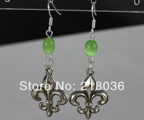 Fleur De Lis &Opal Bead Dangle Earrings 925 Silver Fish Ear Hook 50pairs Tibetan Silver Chandelier Earrings Jewelry Valentine's Gift N1656