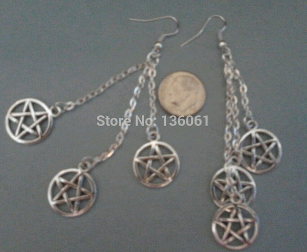 20 Pair Vintage Silver Wiccan PeNTAGRAM Charms Long Chain Drop Chandelier Earrings For Women With Gift Dangle Earrings DIY Jewelry P2179