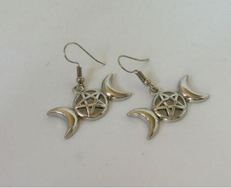 Triple Goddess Pentagram Charms Dangle Earrings 925 Silver Fish Ear Hook 50pairs Wiccan Pagan Moon Chandelier Earrings Jewelry Gift Bijoux