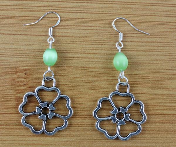 Hollow Flower &Opal Bead Charms Drop/Dangle Earrings 925 Silver Fish Ear Hook 50pairs Tibetan Silver Chandelier Earrings Jewelry Gift N1679