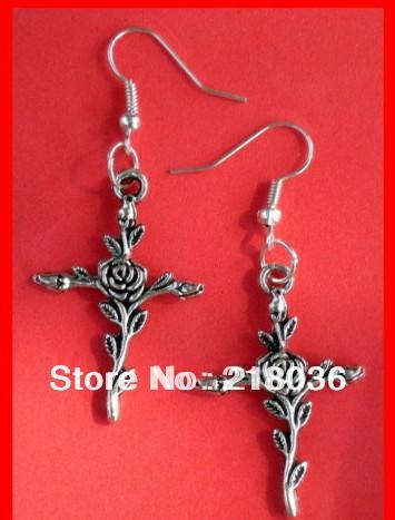 Flower Crucifix Charms Dangle Earrings 925 Silver Fish Ear Hook 50pairs Tibetan Silver Chandelier Earrings Jewelry Gift Bijoux HOT M2687