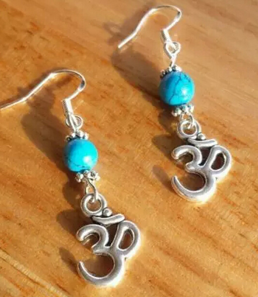 Turquoise Om Dangle Dangle Earrings 925 Silver Fish Ear Hook 50pairs Tibetan Silver Chandelier Earrings Jewelry Girls Accessories Q762