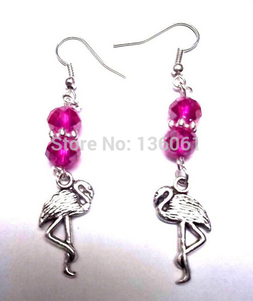 50 Pair Fashion Vintage Silver Flamingo &Crystal Bead Charm Long Dangle Earrings For Woman Jewelry Girls Bijoux DIY X385