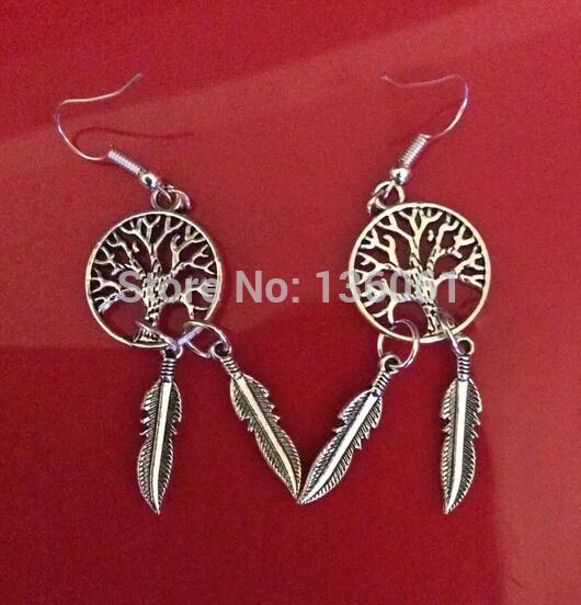 Vintage Silver Tree Of Life Dream Catcher Feather Charms Long Dangle Earrings For Woman Brand Jewelry DIY 50 Pair Fashion Q676