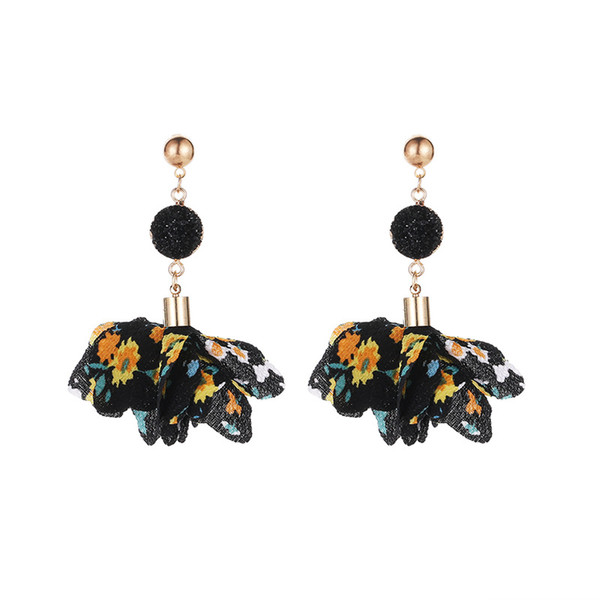 Black Chiffon Flowers Crystal Long Drop Earring Bohemia Style Elegant Women Fashion Charm Jewelry Colorful Flower Dangle Earring