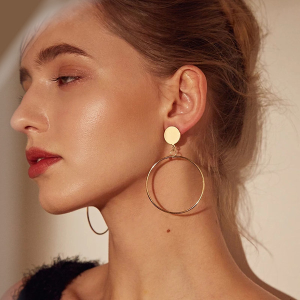 Simple Trendy Gold Sliver Color Geometric Big Round Circle Earrings For Women Fashion Large Hollow Drop Earrings Jewelry