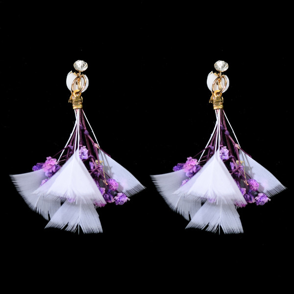 Elegant Stainless Steel Feather Tassel Earrings For Women Shiny Babysbreath Flower Dangle Pendientes Mujer Moda Earring Jewelry